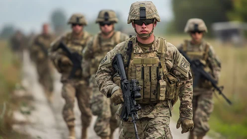 Infantry unit on rural patrol in full combat equipment.