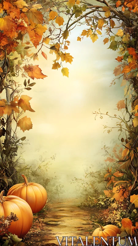 Autumn forest path with pumpkins and golden leaves.