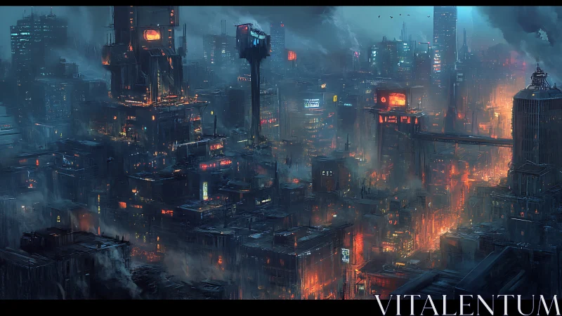 Dystopian cyberpunk cityscape glows amid heavy blue smog