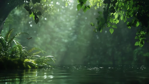 Misty Forest Stream. Lush Foliage Frames Serene Waterscape.