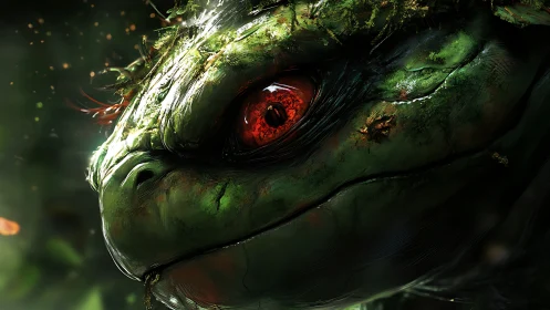 Ancient forest dragon with ember-red eye and mossy scars.