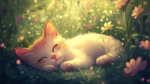 Luminescent Cat Resting Among Wildflowers and Ethereal Light Particles
