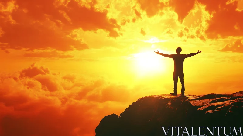 Silhouette of person on cliff facing intense orange sunset.