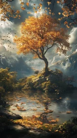 Golden autumn sentinel above a mirrored mountain pond.