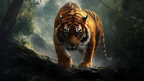 Majestic jungle tiger strolling through dappled forest light.