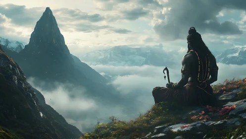 Mountain sage in meditative solitude above misty valley.