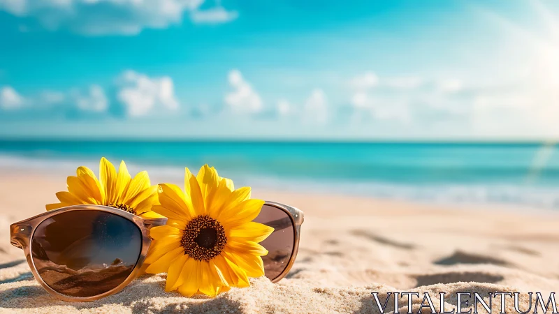 Sunflowers and sunglasses share a bright, carefree beach day