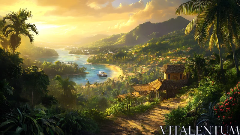 Golden Hour Tropical Valley Settlement Digital Landscape.