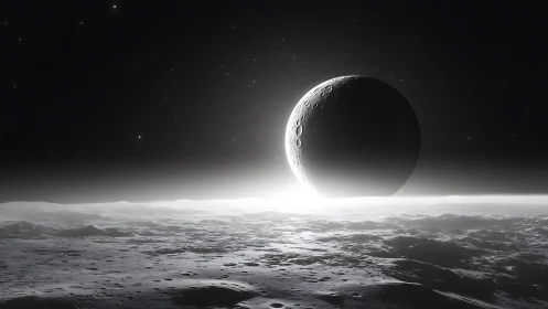 Lunar terminator horizon with backlit crescent eclipse geometry.