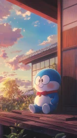 Blue cartoon robot on engawa in warm sunset anime lighting