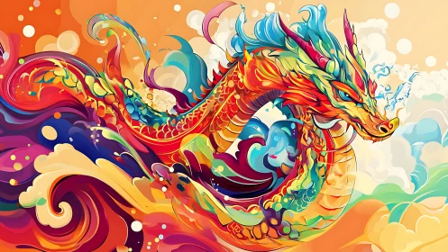 Prismatic storm dragon swirling through neon sunrise skies.