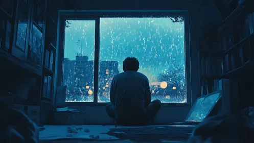Solitary figure at window overlooking rainy blue city night
