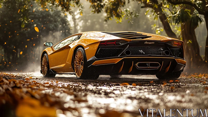 Orange sports car on wet tree-lined road in autumn rain.