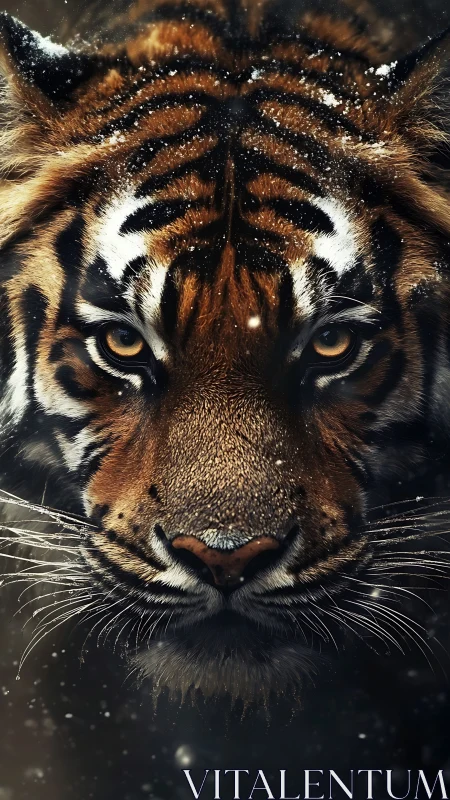 Tiger portrait with piercing eyes in falling snowstorm.