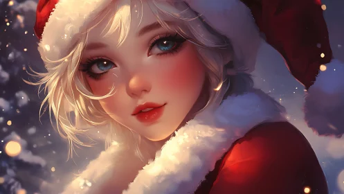 Snowlit holiday portrait of blonde girl in red Santa coat.