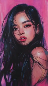 Digital portrait of young woman on vivid pink background.