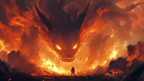 Lone warrior confronts colossal fiery demon in inferno.