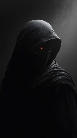 Hooded cyber mystic in shadow with single burning eye.