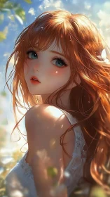 Red haired anime girl in soft outdoor sunlight portrait.