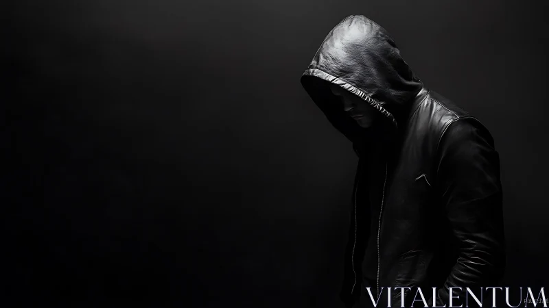 Low-key portrait of hooded figure in black leather jacket