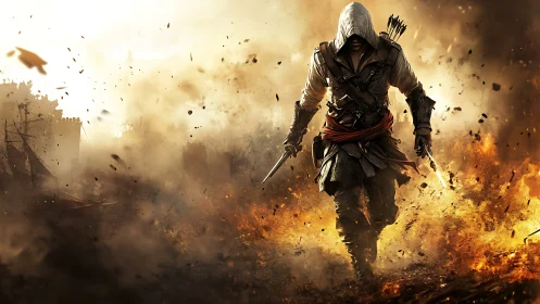 Hooded rogue strides through firestorms of shrapnel and smoke