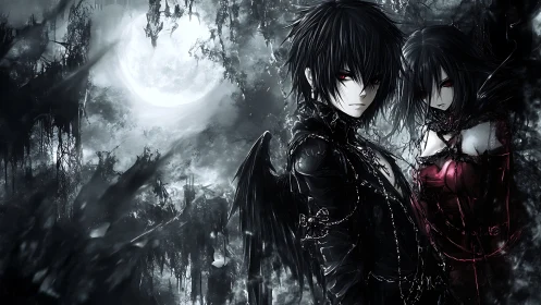 Midnight seraphs trade secrets beneath a haunted moon