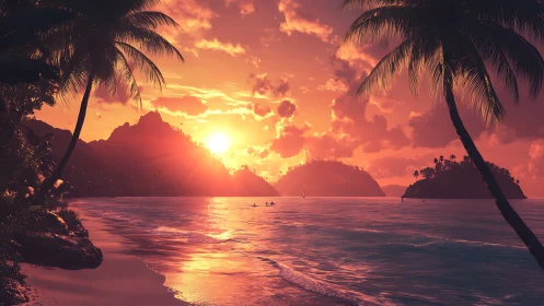 Volumetric tropical sunset over island silhouettes with specular surf
