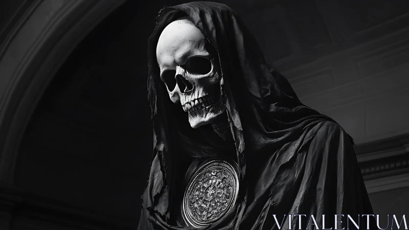 Hooded skeletal reaper looms in a dimly lit, gothic hall