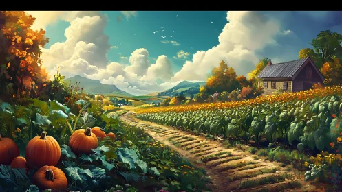 Golden pumpkin farm path winds toward a sunlit autumn cottage