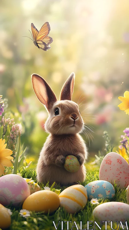 Curious spring bunny cradles a painted Easter egg peacefully.