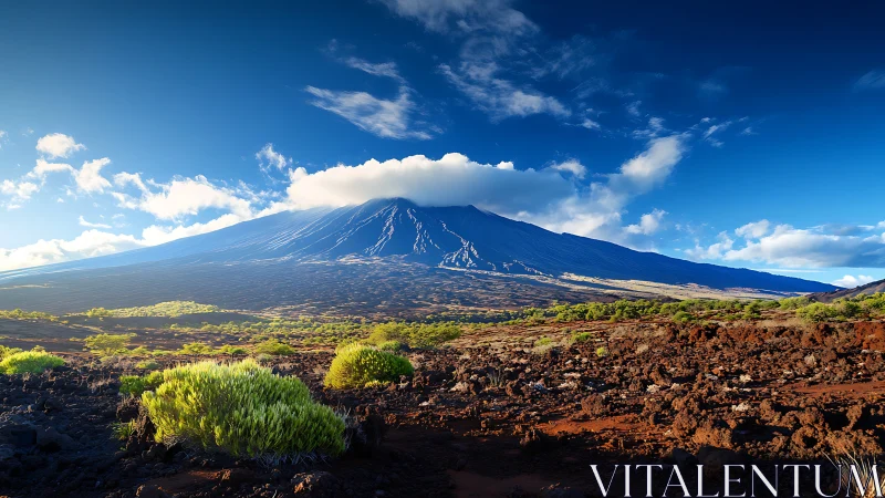 Shield volcano summit with cloud cap above lava scrub plain