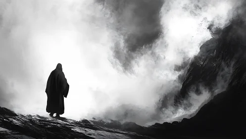Solitary cloaked figure walks toward engulfing mountain fog