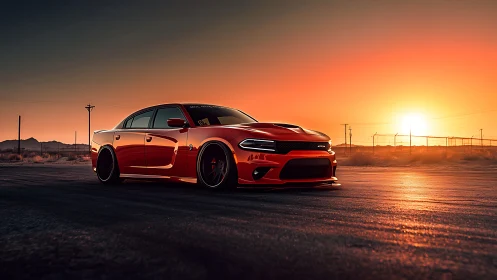 Red performance sedan parked on desert highway at sunset.