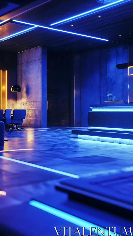 Futuristic interior with blue neon linear accent lighting.