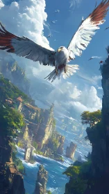 Soaring white eagle above sunlit sea cliffs and ruins.