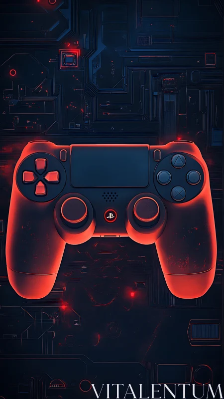 Neon Gaming Controller Against Circuit Board Landscape