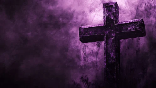 Weathered stone cross silhouette against dense purple textured fog