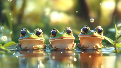 3D stylized tree frogs aligned in luminous wetland shallows.