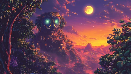 Moonlit jungle temple city with a gentle glowing guardian face.