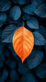 Vibrant orange leaf over deep teal foliage background.