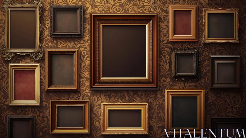 Ornate empty frames parade across baroque storybook wallpaper.