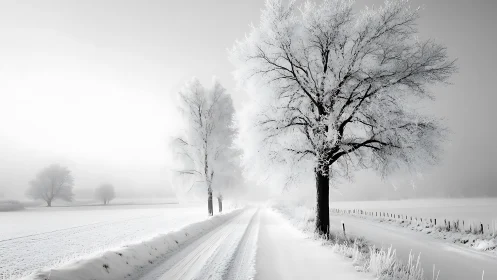 Minimalist winter roadway with frost-laden trees in misty light.