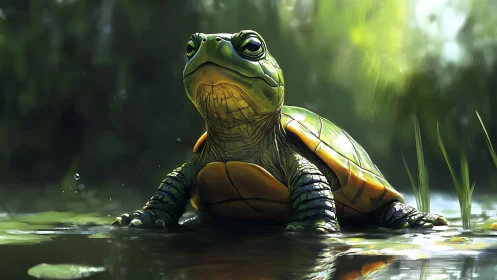 Young turtle sits at water edge in bright forest light