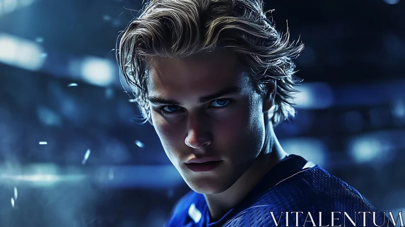 Focused male athlete in blue jersey under stadium lights.
