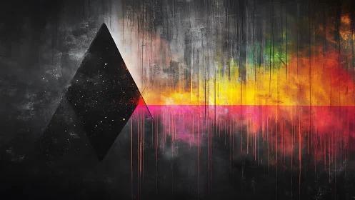 Prismatic triangle slices through dark abstract horizon.