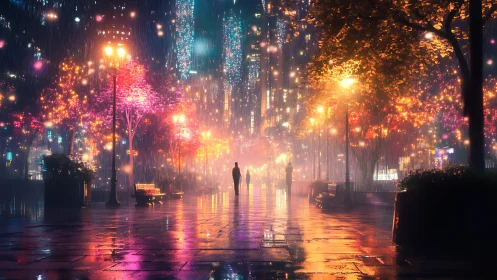 Solitary figure in neon lit rainy city park at night.