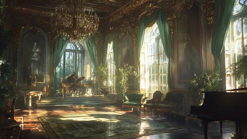 Digital painting of sunlit baroque conservatory music salon.