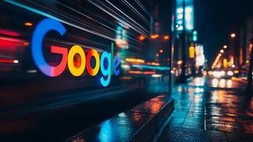 Google logo motion blur along wet city street at night.