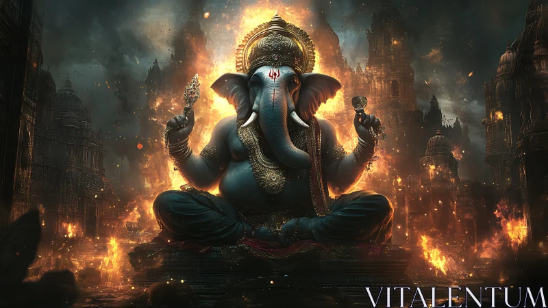 Fiery Ganesha sits serenely while ruined temples ignite
