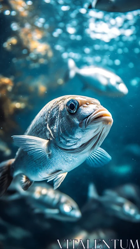Macro wide angle portrait of silver fish in blue ocean bokeh